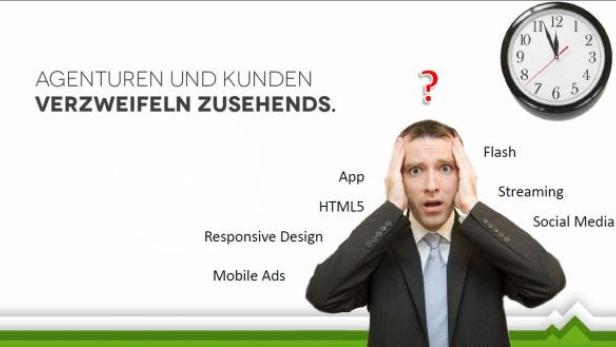 Ein verzweifelter Mann im Anzug steht vor einer Uhr und Begriffen wie „Social Media“.