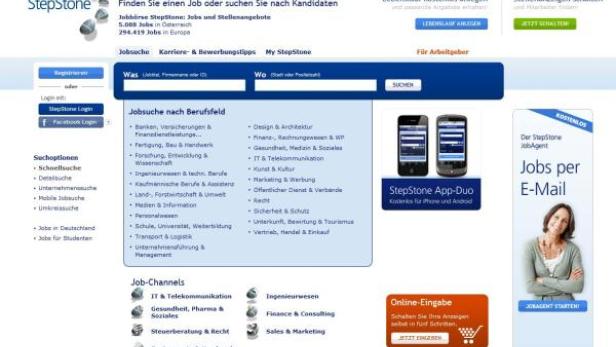 Die Webseite StepStone mit Suchfeldern für Jobs und Karriereinformationen.