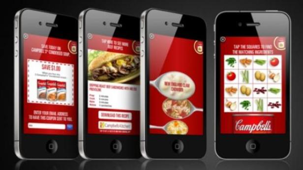 Mehrere Smartphones zeigen die Campbell's Kitchen App mit Rezepten und Coupons.