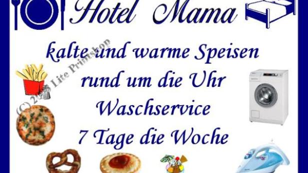 Werbung für „Hotel Mama“ mit Speisen, Bett, Waschmaschine und Bügeleisen.
