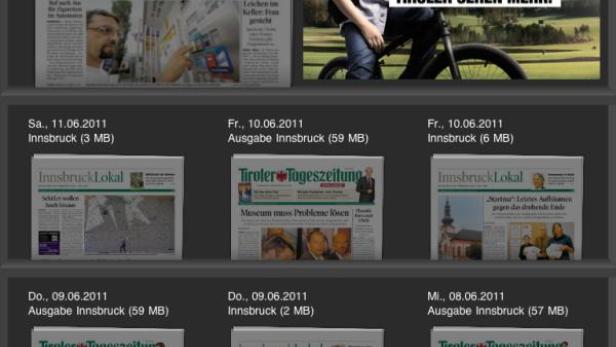 Screenshot einer iPad-App der Tiroler Tageszeitung mit verschiedenen Ausgaben.