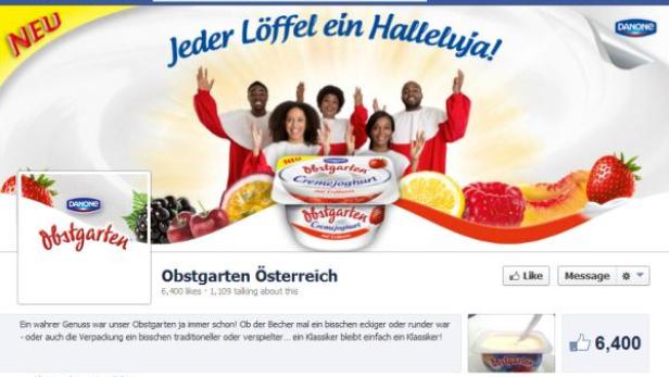 Eine Facebook-Seite für „Obstgarten Österreich“ mit Joghurt, Früchten und feiernden Menschen.