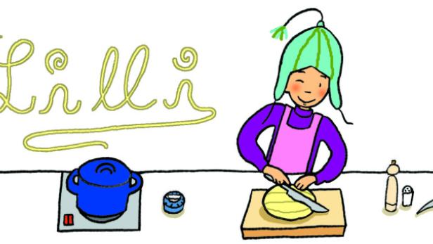 Eine Illustration von Lilli, die in der Küche kocht.