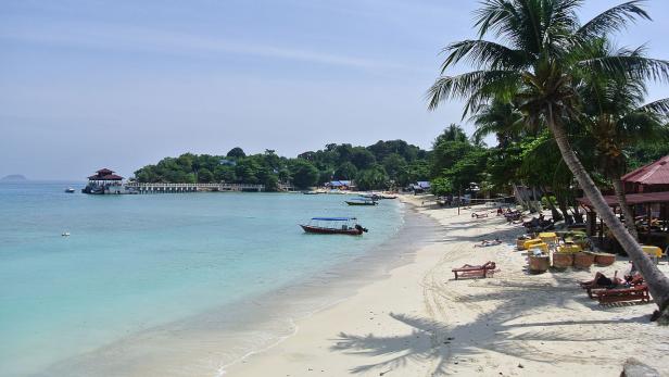 Ein tropischer Strand mit weißem Sand, türkisfarbenem Wasser und Palmen.