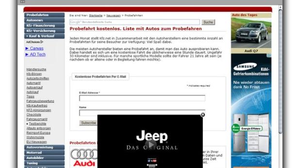 Ein Screenshot einer Webseite, die kostenlose Probefahrten für Autos anbietet, mit einem Jeep-Werbe-Pop-up.