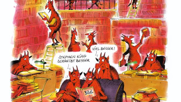 Eine Karikatur zeigt Teufel, die in einer Bibliothek Bücher lesen, darunter die Bibel und Werke von Stephen King.
