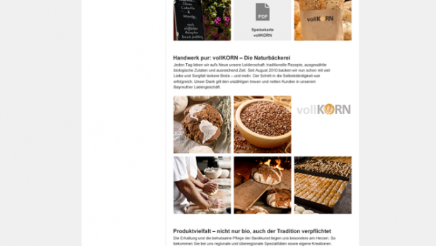 Ein XING-Profil von Lars Pohl, Inhaber der Naturbäckerei volIKORN in Bayreuth, mit Fotos von Backwaren und dem Café.