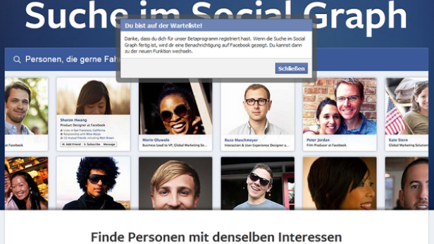 Ein Screenshot der Facebook-Oberfläche mit der Überschrift „Suche im Social Graph“.