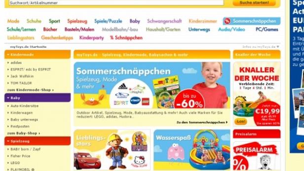 Die Startseite des Onlineshops MyToys.de mit Angeboten für Spielzeug, Kindermode und Babyartikel.