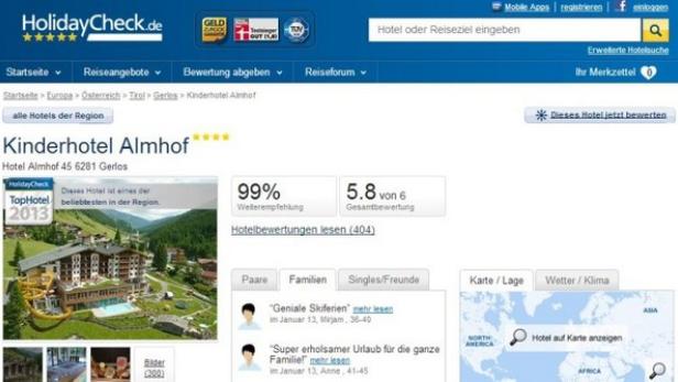 Screenshot der HolidayCheck-Seite für das Kinderhotel Almhof in Gerlos.