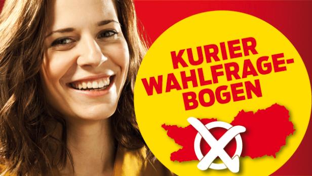 Eine lächelnde Frau neben einem gelben Kreis mit der Aufschrift „Kurier Wahlfragebogen“.