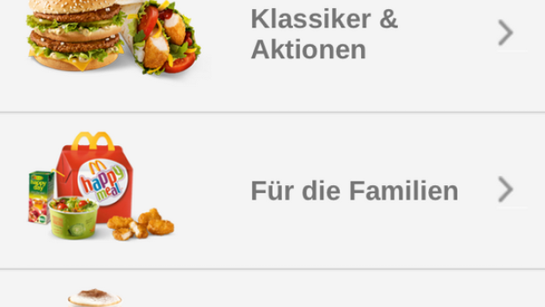 Ein Screenshot der McDonald's App mit verschiedenen Menüoptionen.
