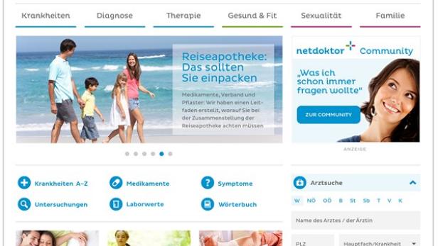 Die Startseite der Webseite netdoktor.at mit verschiedenen Themenbereichen zu Gesundheit und Medizin.