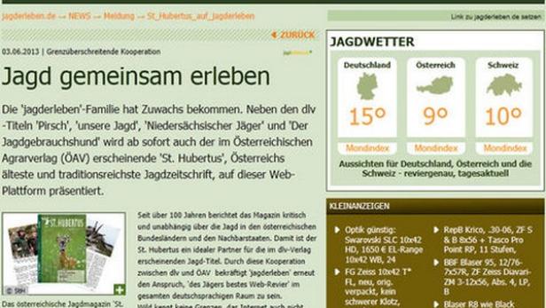 Screenshot der Webseite jagderleben.de mit Artikeln und Informationen zum Thema Jagd.