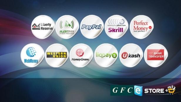 Logos verschiedener Online-Zahlungsdienste wie PayPal, Skrill und Western Union.