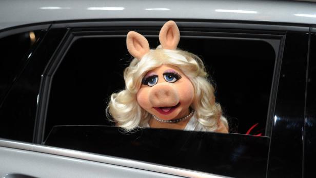 Miss Piggy schaut aus dem Fenster eines Autos.