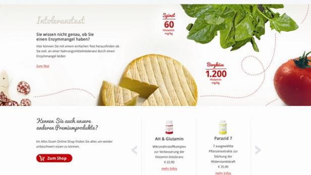 Die Webseite von Daosin mit Werbung für einen Intoleranztest und histaminarme Lebensmittel wie Spinat und Bergkäse.
