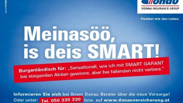 Eine Anzeige der Donau Versicherung mit dem Slogan „Meinasöö, is deis SMART!“.