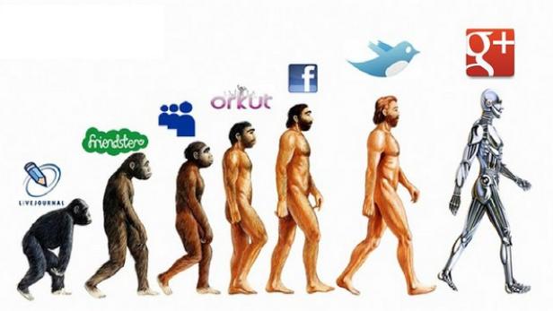 Eine Darstellung der Evolution des Menschen, die mit Logos von Social-Media-Plattformen verbunden ist.