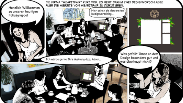 Eine Fokusgruppe diskutiert über Designvorschläge für die Webseite von „WearItFair“.