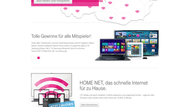 Eine T-Mobile-Werbung preist schnelles Internet und verlost Preise an Teilnehmer eines Gewinnspiels.