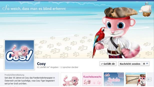 Die Facebook-Seite von Cosy zeigt einen rosa Cosy Tiger als Piraten mit Papagei.