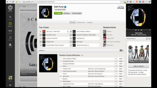 Ein Screenshot von Spotify, der die Seite des Künstlers Daft Punk mit ihren Top-Tracks und Alben zeigt.