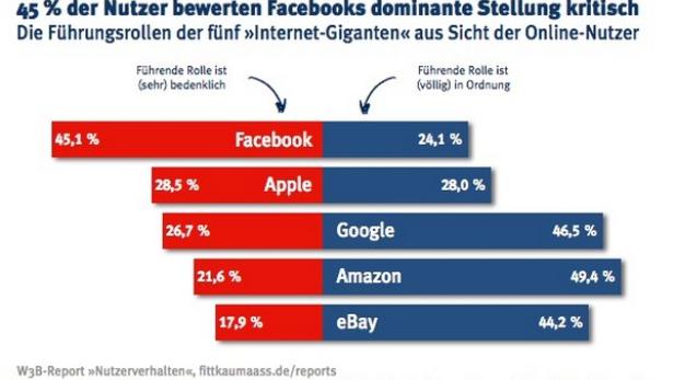 Eine Grafik zeigt, dass 45 % der Nutzer Facebooks dominante Stellung kritisch sehen.