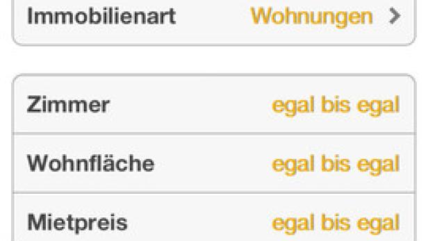 Ein Screenshot einer Suchmaske für Mietwohnungen in Wien auf einem Smartphone.