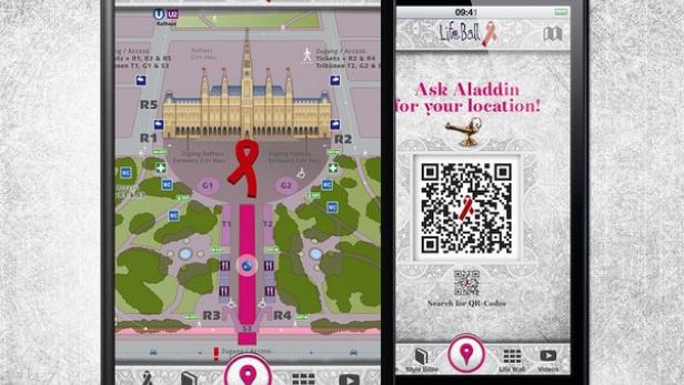 Zwei Smartphones zeigen die Life Ball App mit einem Lageplan und einem QR-Code.