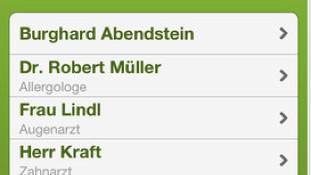 Ein Screenshot der „Meine Ärzte“-App auf einem iPhone mit einer Liste von Ärzten.