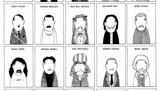 Eine Strichzeichnung, die ein Raster von Porträts berühmter Männer mit markanten Schnurrbärten zeigt.