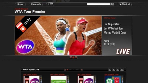 Screenshot der Webseite LAOLA1.tv mit Werbung für die WTA Tour Premier in Madrid.