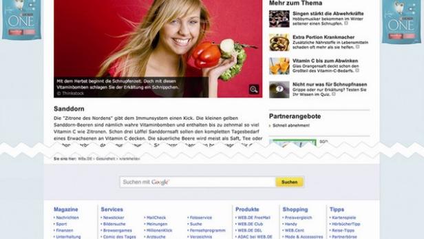 Screenshot der WEB.DE-Seite zum Thema Vitamin-C-Quellen gegen Erkältung.