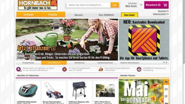 Die Webseite von Hornbach mit Werbung für Gartengeräte und die Hornbach-App.