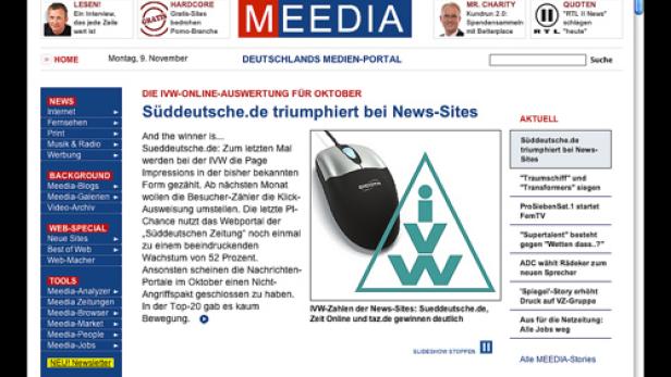 Die Webseite des deutschen Medienportals Meedia mit Artikeln und Nachrichten.