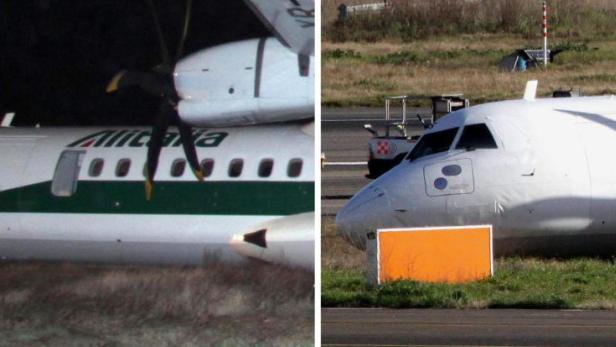 epa03566778 A two way composite picture shows the ATR-72 turboprop plane of Romania&#039;s Carpatair airline (operating for Alitalia), after it was blown off course while landing late 02 February 2013 (L) and on 03 January 2013 without the Alitalia logo (R) at Rome&#039;s Leonardo da Vinci airport, Italy. Flights operated by Romanian company Carpatair on domestic Italian routes were suspended after one of its planes was blown off course while landing at Rome&#039;s main airport. At least 16 people were injured and two were listed in serious condition, after the turbo-propelled Pisa-Rome flight got into trouble late 02 February. It was being operated on behalf of Italy&#039;s national carrier, Alitalia, and had 46 passengers and four crew members on board. Trade union representatives blamed Alitalia for the cost-saving deal with Carpatair, claiming it compromises passengers&#039; security. Pilots and flight assistants held a strike against it on January 25, and are planning another one for Monday, the FIT-CISL union said. EPA/TELENEWS