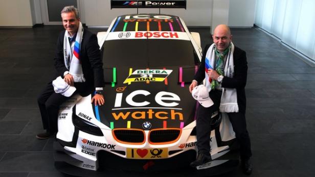 Jens Marquart (BMW Motorsport) und Jean-Pierre Lutgen (Ice-Watch) &quot;fahren&quot; gemeinsam DTM. (c: ice-watch)