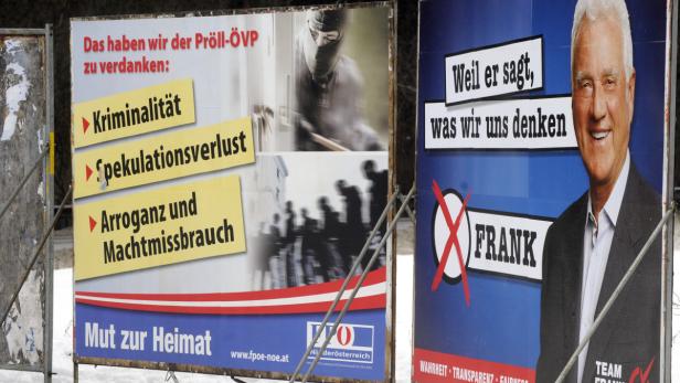 Wahlplakate der FPÖ und für „Frank“ mit Kritik an der ÖVP und Pröll.
