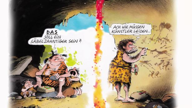 Ein Cartoon zeigt eine Familie von Höhlenmenschen, während ein anderer Höhlenmensch Malereien an die Wand malt.
