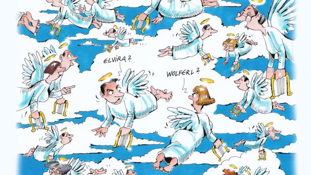 Karikatur: Engel mit Harfen schweben in einer Wolkenlandschaft.