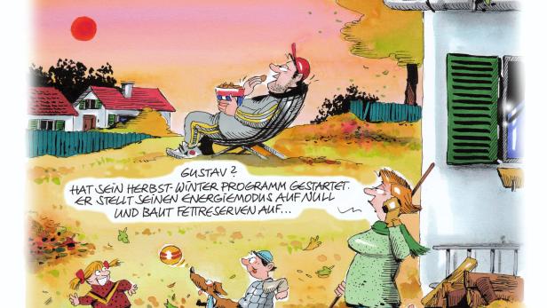 Eine Karikatur zeigt eine Familie im Herbst, während ein Mann im Liegestuhl isst.