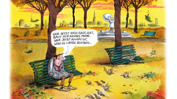 Ein Mann sitzt traurig auf einer Parkbank, umgeben von Vögeln. Im Hintergrund eine Statue und Herbstbäume.