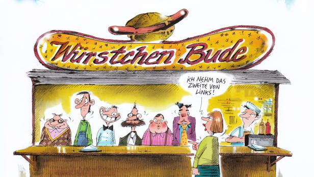 Eine Frau bestellt an einer „Würstchen Bude“, an der mehrere skurrile Charaktere stehen.