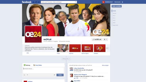 Ein Facebook-Screenshot der Seite oe24.at mit verschiedenen Prominenten im Header.