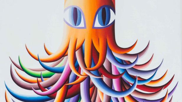 Ein abstraktes Gemälde einer orangefarbenen Katze mit bunten Tentakeln.