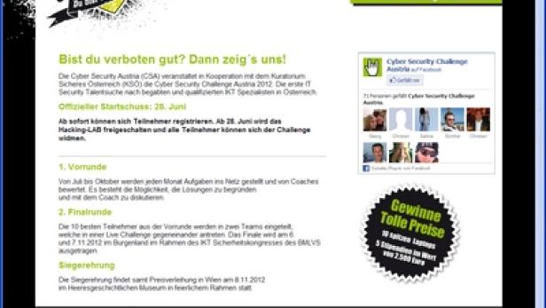 Die Webseite der Cyber Security Challenge Austria 2012 mit Informationen zu Anmeldung und Ablauf.