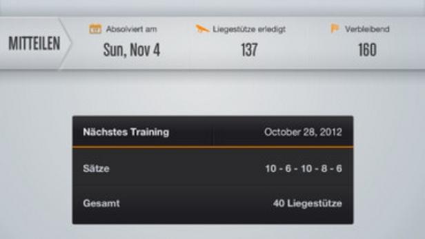 Ein Screenshot der Runtastic PushUps App, der den Trainingsfortschritt anzeigt.