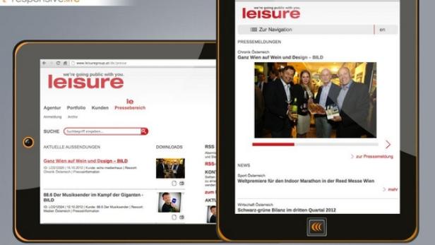 Zwei Tablets zeigen die Website von „Leisure“ mit Artikeln über Wien und Design.