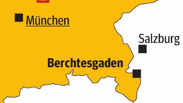 Eine Karte von Deutschland und Österreich mit den Städten München, Salzburg, Innsbruck und Berchtesgaden.